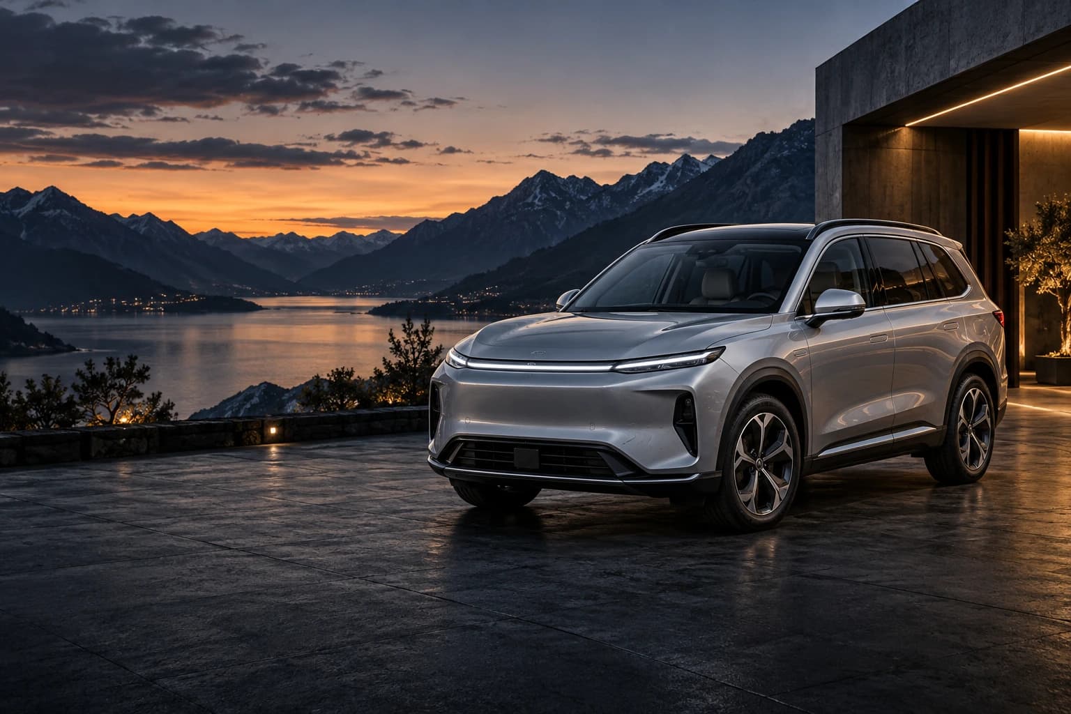 Illustrative silver electric SUV on a mountain driveway at dusk